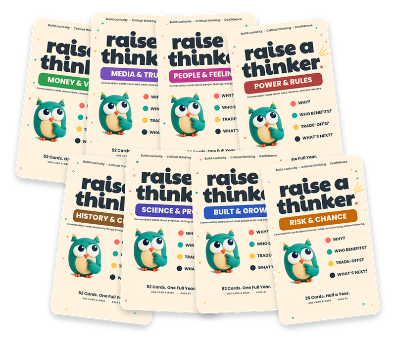 All eight Raise a Thinker deck covers, fanned in two rows